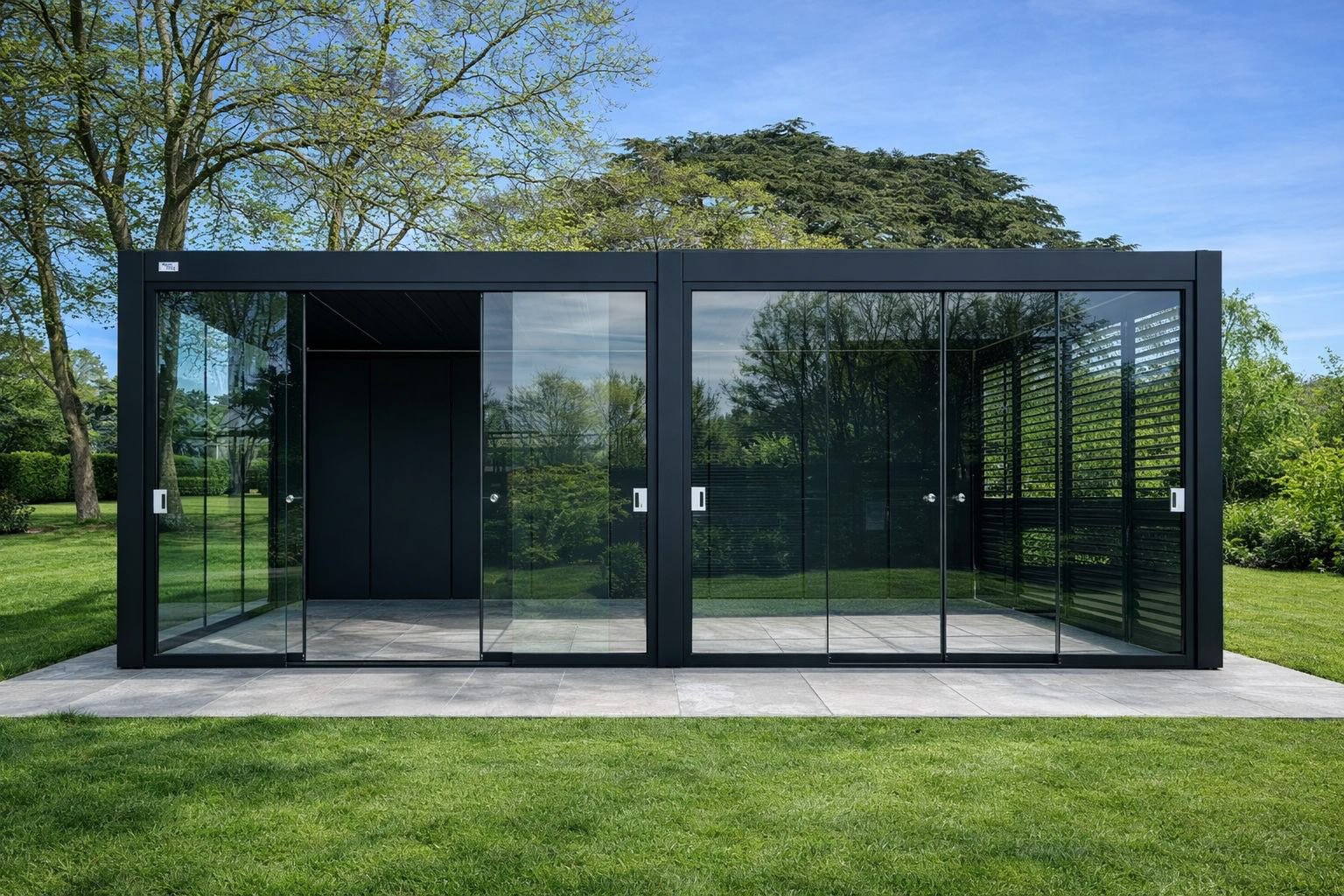 Enclosed Brisa pergola with frameless sliding glass doors