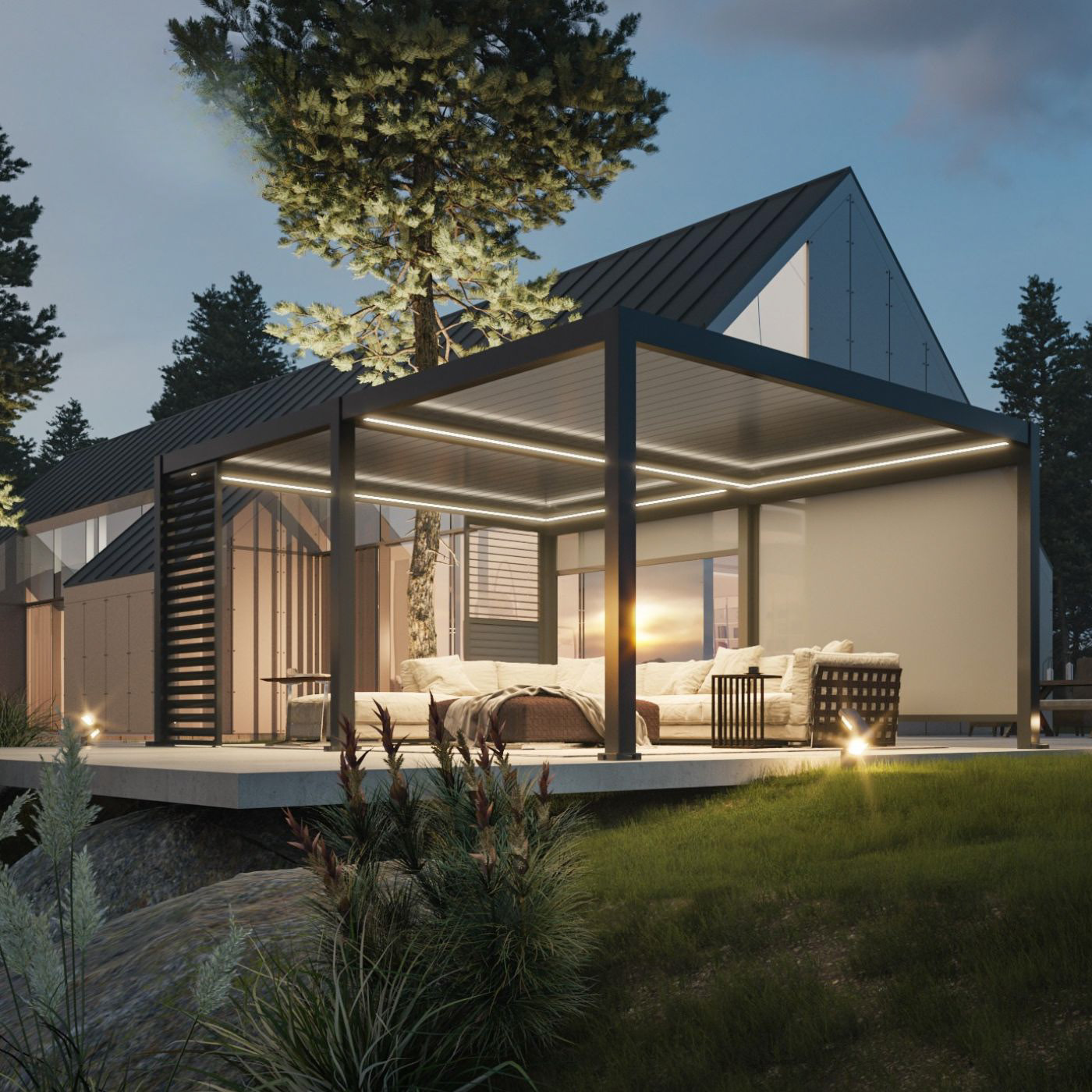 Pergovista Brisa bioclimatic louvred pergola glowing at dusk beside a modern home
