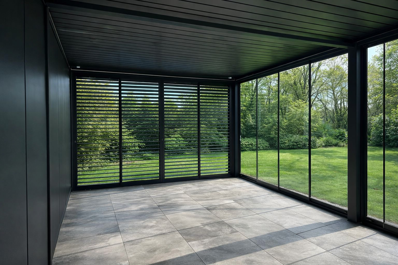 Interior of an enclosed Brisa pergola looking out to the garden