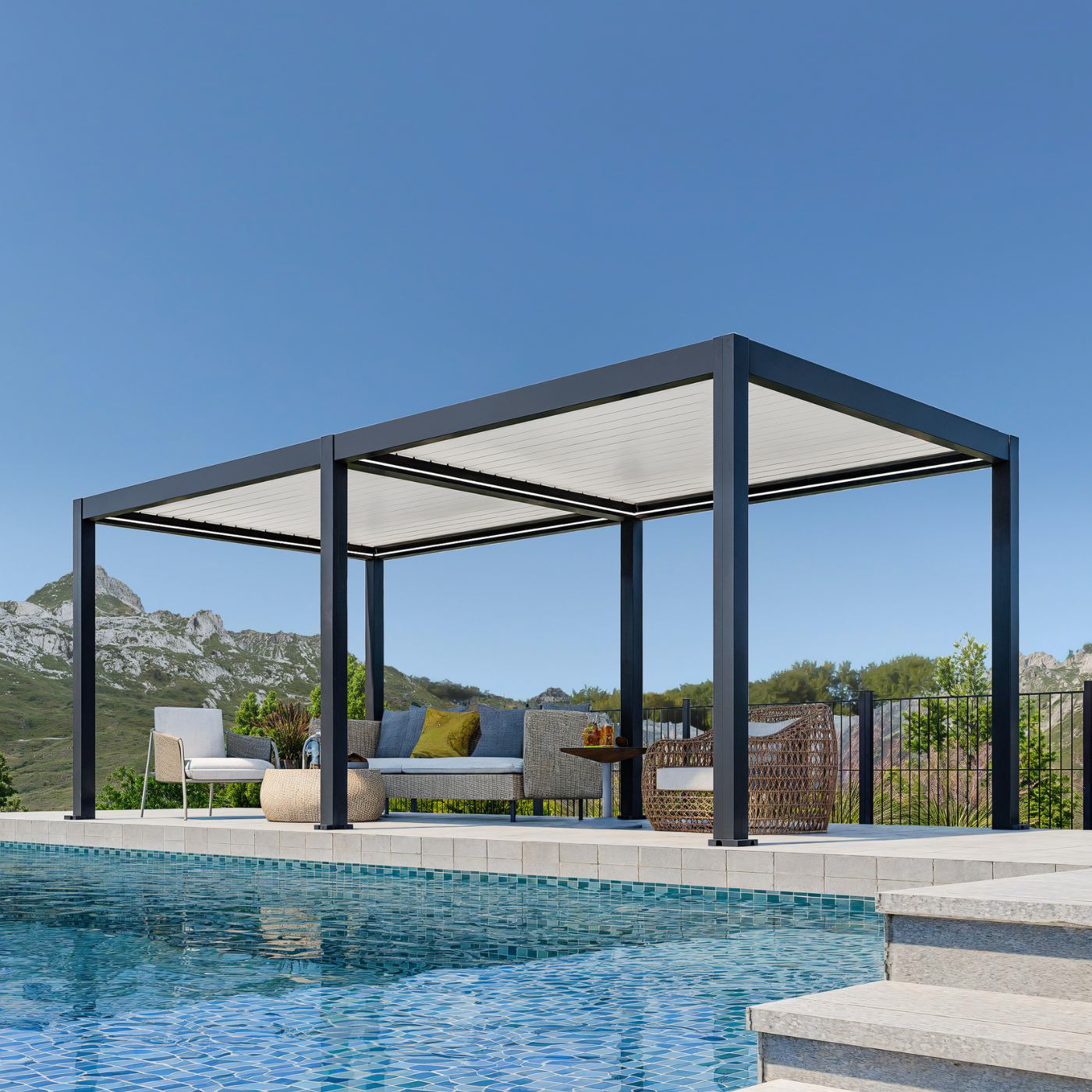 Pergovista Brisa louvred-roof pergola beside a pool with mountain views