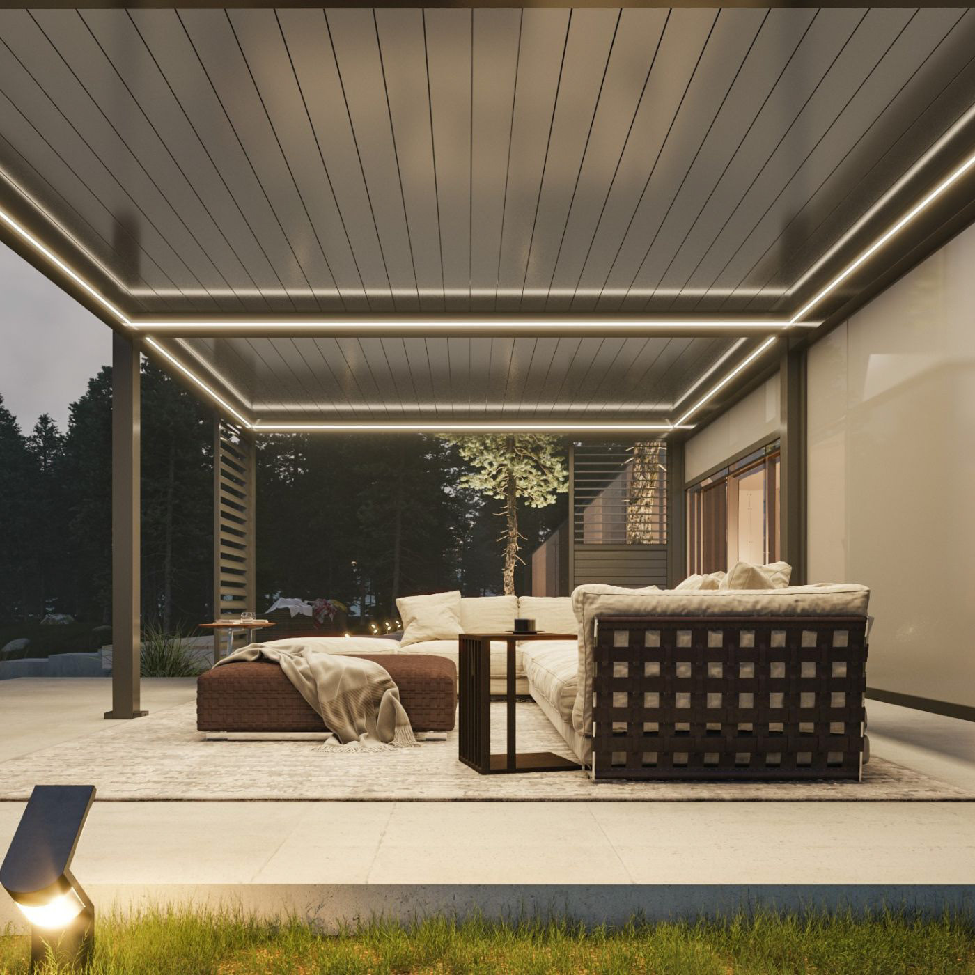 Underside of the Brisa louvred roof showing integrated LED perimeter lighting